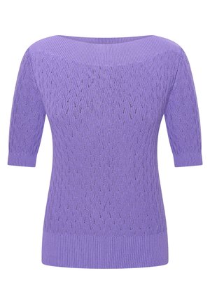 Maglione a maglia viola caratterizzato da un motivo a onde, maniche tre quarti e orlo a coste. Tessuto leggero.