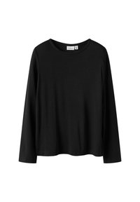 Schwarzes Langarmshirt mit Rundhalsausschnitt aus weichem Stoff, flach liegend präsentiert, mit sichtbarem Markenlabel im inneren Halsausschnitt.