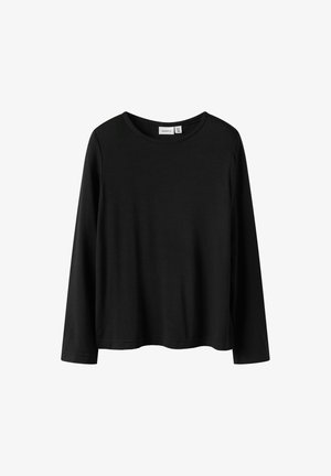 Schwarzes Langarmshirt mit Rundhalsausschnitt aus weichem Stoff, flach liegend präsentiert, mit sichtbarem Markenlabel im inneren Halsausschnitt.