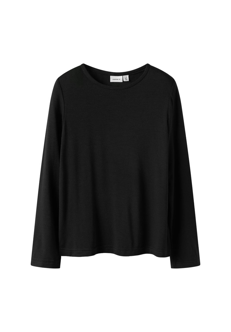 Schwarzes Langarmshirt mit Rundhalsausschnitt aus weichem Stoff, flach liegend präsentiert, mit sichtbarem Markenlabel im inneren Halsausschnitt.