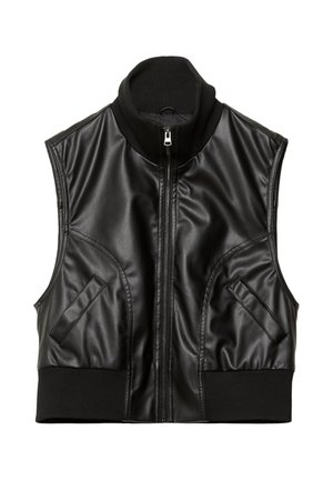 Schwarze ärmellose Weste aus Kunstleder mit frontseitigem Reißverschluss, hohem geripptem Kragen, zwei schrägen Taschen und geripptem Saum.