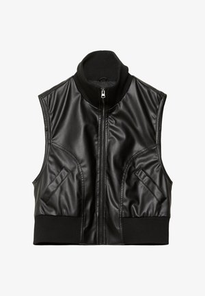 Czarna bezrękawnik z materiału przypominającego skórę, z zamkiem z przodu, wysokim żebrowanym kołnierzem, dwoma skośnymi kieszeniami i żebrowanym ściągaczem u dołu.