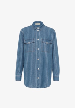 Light blue denim shirt with vertical white stripes, button closure, two chest pockets, long sleeves, and a classic collar.