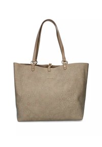Beige tote bag met een patroon van cirkels en zonmotieven. Gladde textuur, dubbele handvatten en subtiele logo-details aan de voorkant.