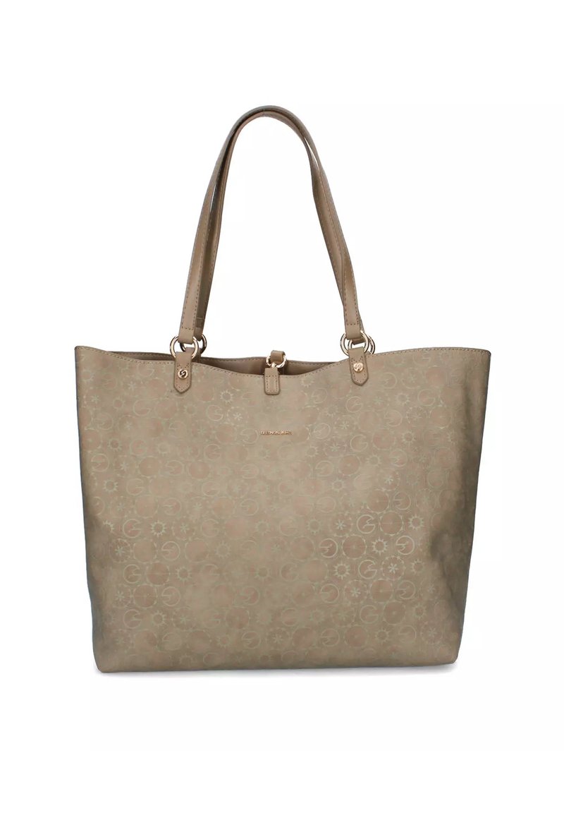 Beige tote bag met een patroon van cirkels en zonmotieven. Gladde textuur, dubbele handvatten en subtiele logo-details aan de voorkant.