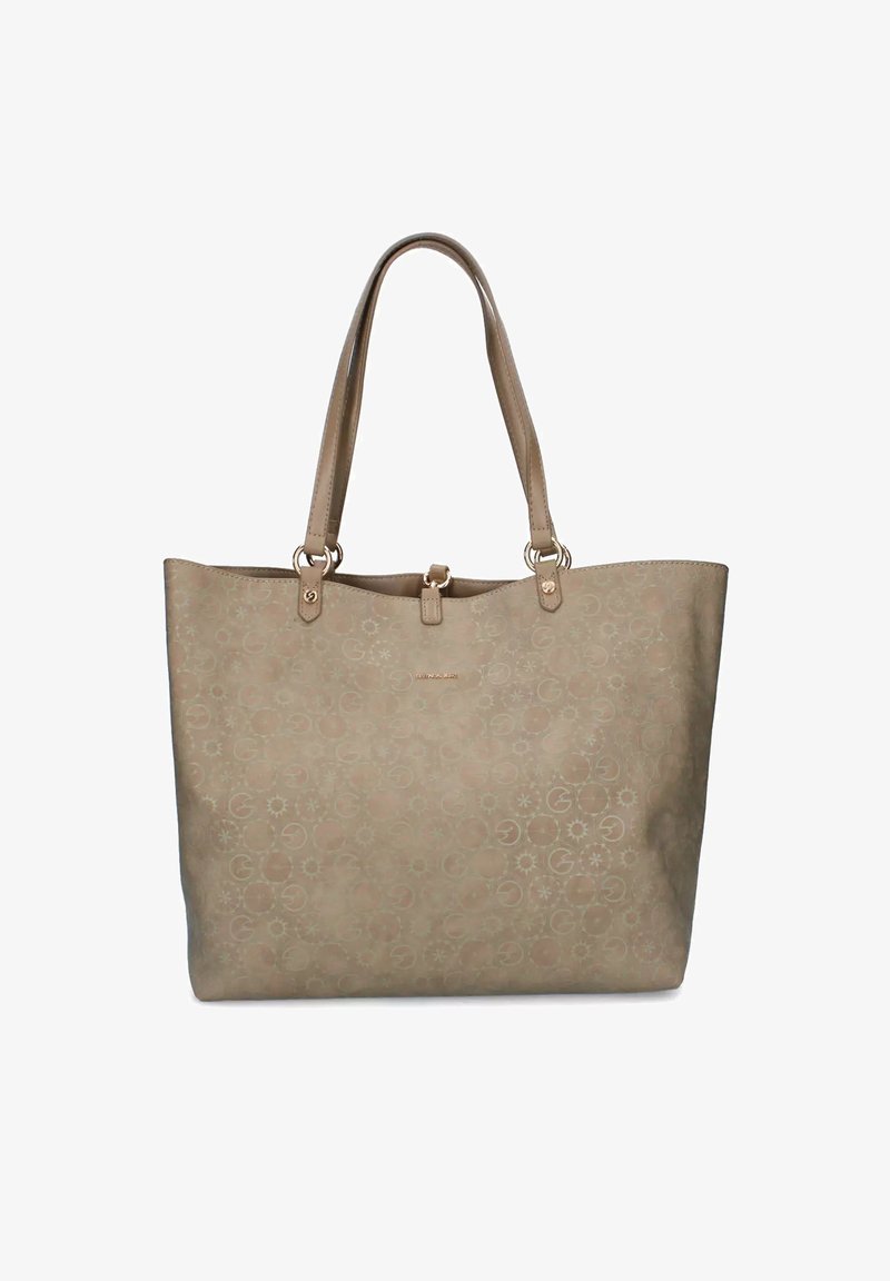 Beige tote bag met een patroon van cirkels en zonmotieven. Gladde textuur, dubbele handvatten en subtiele logo-details aan de voorkant.