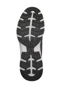 Semelle extérieure en caoutchouc noir avec un motif de traction texturé, mettant en valeur des accents blancs et des rainures pour une meilleure adhérence. Conçu pour la durabilité et la adhérence.