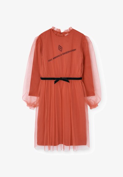 Rotes Tüllkleid mit langen, durchsichtigen Ärmeln, gerafftem Ausschnitt und einem schwarzen Samtgürtel. Auf der Vorderseite mit "THE ANIMALS OBSERVATORY" bedruckt.