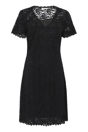 Schwarzes Spitzenkleid mit kurzen Ärmeln, V-Ausschnitt, gewelltem Saum und einem strukturierten Overlay-Muster, das einen geschichteten Look erzeugt.