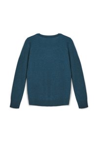 Maglione a maniche lunghe in teal scuro, poggiato piatto, mostrando il retro con polsini e orlo a costine.