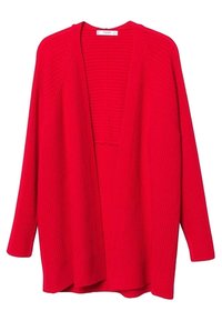 Rode gebreide cardigan met een open voorkant, ribbeltextuur, lange mouwen en een relaxte pasvorm. Geen sluiting, zoom is iets afgerond.