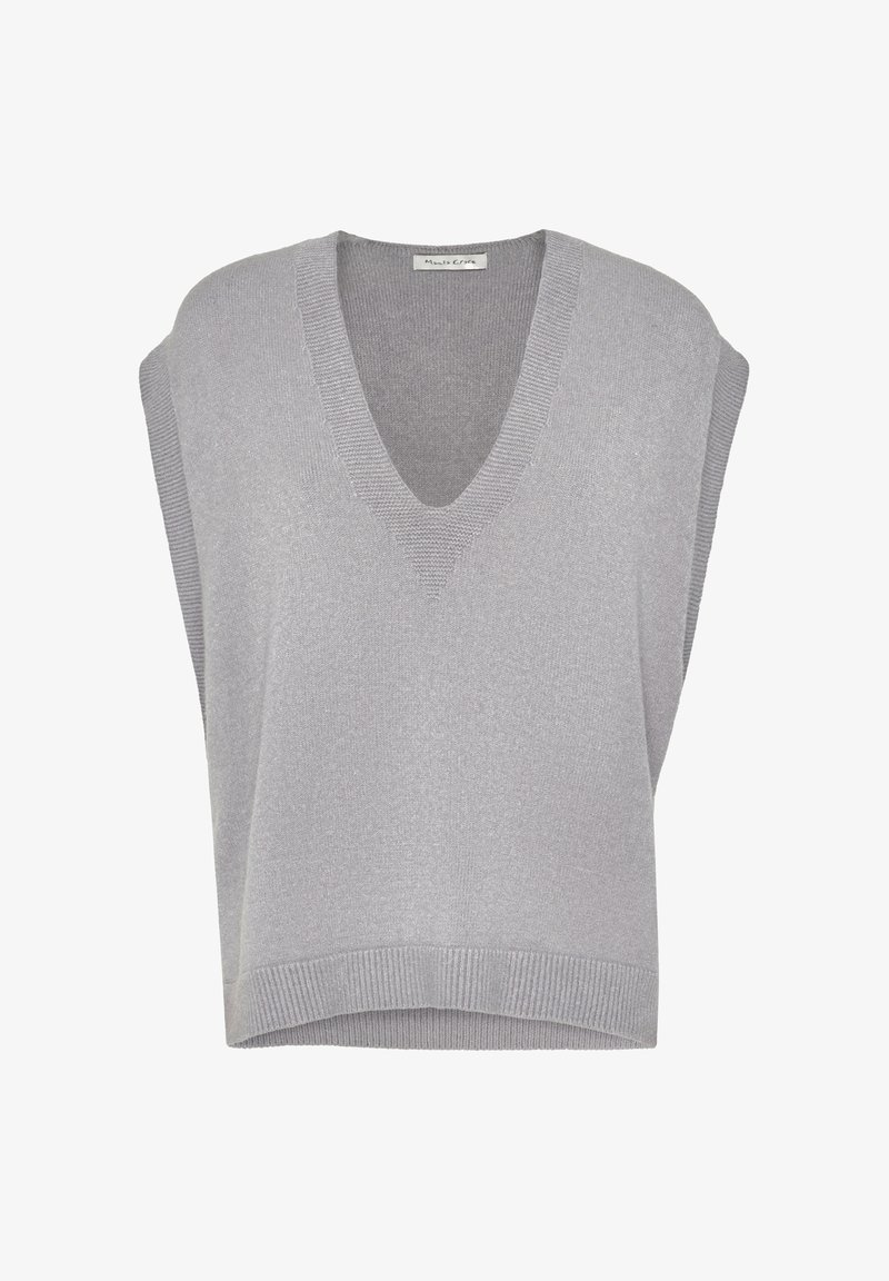 Gilet tricoté gris clair avec un décolleté en V, des épaules tombantes et un ourlet côtelé. Texture lisse et coupe légèrement ample pour plus de confort.