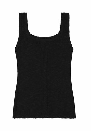 Top negro sin mangas de punto con tirantes anchos, escote cuadrado y un sutil patrón de tejido vertical en la parte delantera.