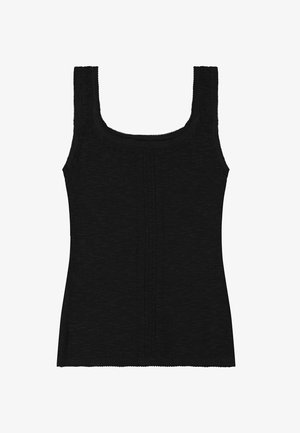 Zwart gebreid mouwloos topje met brede bandjes, vierkante halslijn en subtiel verticaal breipatroon aan de voorkant.