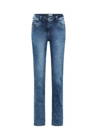 Jean denim bleu coupe droite avec poches avant, passants pour ceinture et fermeture par bouton, présenté sur fond blanc.