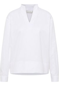 Weißes Langarmoberteil mit V-Ausschnitt, aus glattem Stoff gefertigt. Es hat eine lockere Passform und geknöpfte Ärmel, mit einem leicht abgerundeten Saum.