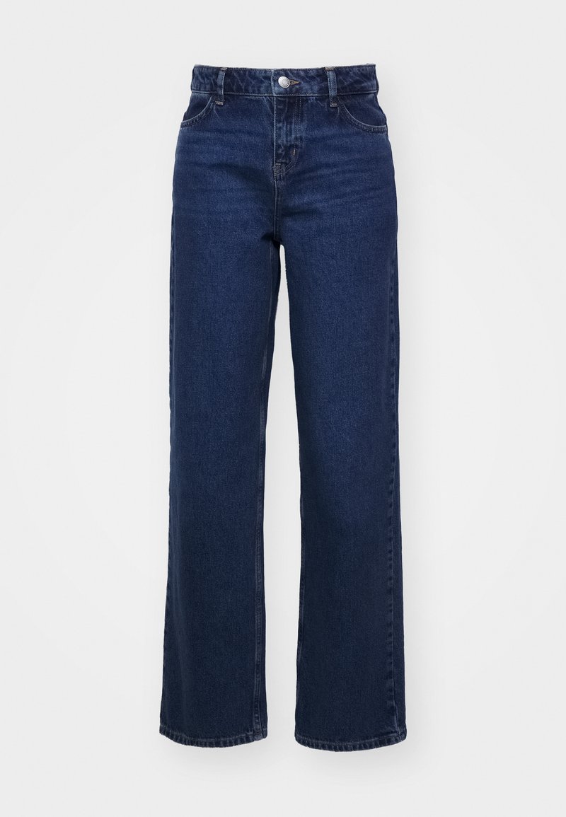 Ciemnoniebieskie, wysokie dżinsy o szerokich nogawkach z pięcioma kieszeniami, metalowym zapięciem i delikatnym wyblaknięciem. Wykonane z materiału dżinsowego.