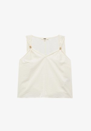 Biała bezrękawnikowa bluzka z dekoltem w serek, z teksturowanej tkaniny i akcentami w kolorze złota przy ramionach.