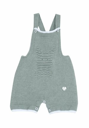 Tutina per neonato lavorata a maglia grigio-verde con spalline, chiusure con bottoni e motivo con coniglio sul davanti.
