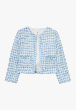 Niebieska i biała kurtka w kratę z tweedu z okrągłym dekoltem, długimi rękawami i dwiema przednimi kieszeniami z dekoracyjnymi guzikami. Lekka tekstura.