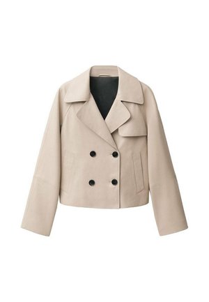 Beige kort jacka gjord av slätt material. Har en bred krage, dubbelknäppt design med svarta knappar och vida ärmar.
