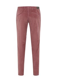 Pantalons en velours côtelé de couleur rose pâle, avec une coupe slim, deux poches avant et une poche arrière avec un patch logo discret au niveau de la taille.