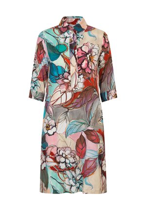 Blumendruckkleid mit Kragen, Dreiviertelärmeln und lockerer Silhouette. Die Farben umfassen Pink, Rot, Aqua und Grün.