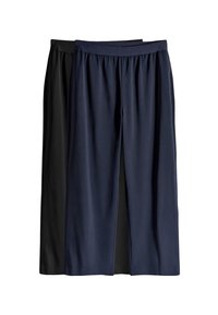 Deux pantalons coupe décontractée, l'un noir et l'autre bleu marine foncé, avec des tailles élastiques et un tissu léger et lisse.