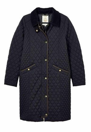 Gepolsterter navyblauer Mantel mit Kragen, Druckknöpfen, seitlichen Taschen und kontrastierenden Paspeln entlang der Kanten. Strukturiertes Rautenmuster.