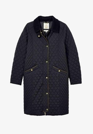 Gepolsterter navyblauer Mantel mit Kragen, Druckknöpfen, seitlichen Taschen und kontrastierenden Paspeln entlang der Kanten. Strukturiertes Rautenmuster.