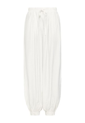 Bela široka hlače z navpičnimi tankimi sivimi črtami, elastičen pas z vrvico in nabranimi elastičnimi manšetami pri gležnjih.