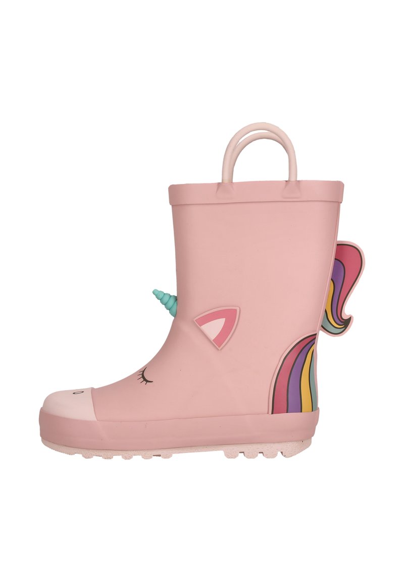 Botte de pluie en caoutchouc rose avec un design de licorne, une corne teal, une crinière arc-en-ciel et un visage souriant sur le bout. Inclut deux poignées.