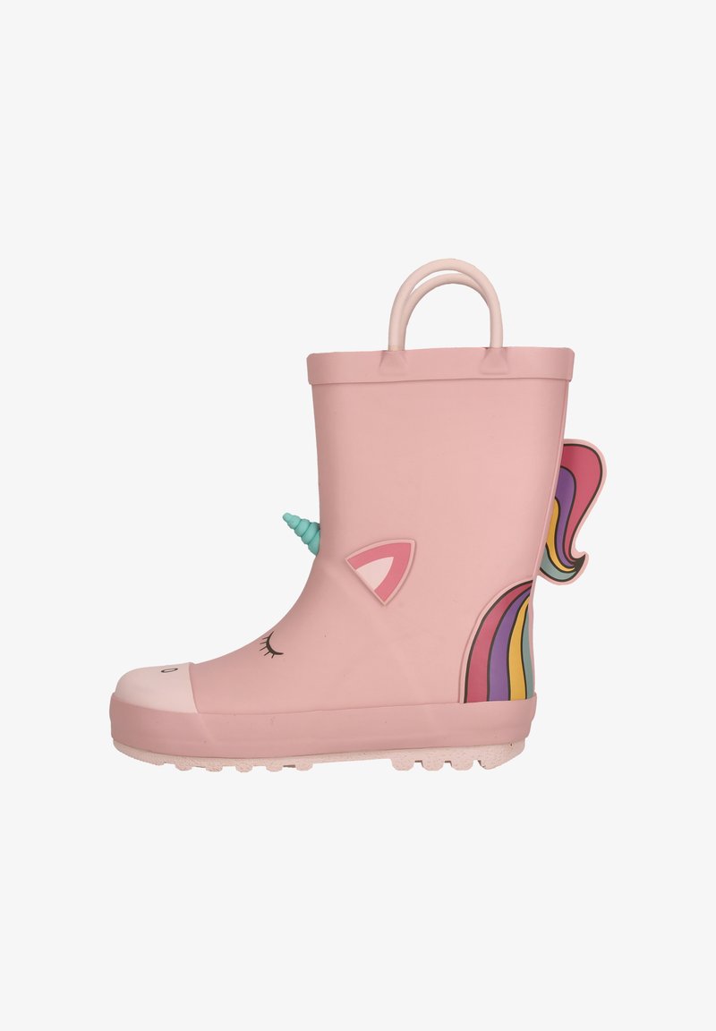 Botte de pluie en caoutchouc rose avec un design de licorne, une corne teal, une crinière arc-en-ciel et un visage souriant sur le bout. Inclut deux poignées.