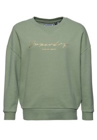 Zielona bluza wykonana z miękkiego materiału, charakteryzująca się luźnym krojem, opadającymi ramionami oraz złotym napisem "Superdry Premium Brand" na piersi.