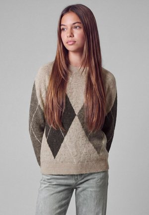 Mujer joven con cabello largo y castaño que lleva un suéter argyle beige y marrón oscuro y pantalones gris claro, mirando hacia un lado sobre un fondo gris.