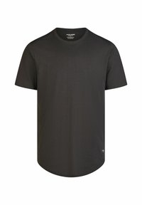 T-shirt nera a maniche corte in cotone, con collo rotondo e orlo arrotondato. Etichetta del marchio visibile sul lato sinistro in basso.
