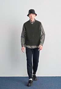 Vesta tricotată verde peste o cămașă cu dungi, pantaloni negri și pantofi negri; modelul poartă o pălărie neagră tip pălărie de baie și merge pe un covor albastru.