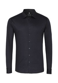 Donkerblauwe blouse met lange mouwen en een subtiel patroon, met een button-down kraag en bijpassende knopen, en met een gladde stoftextuur.