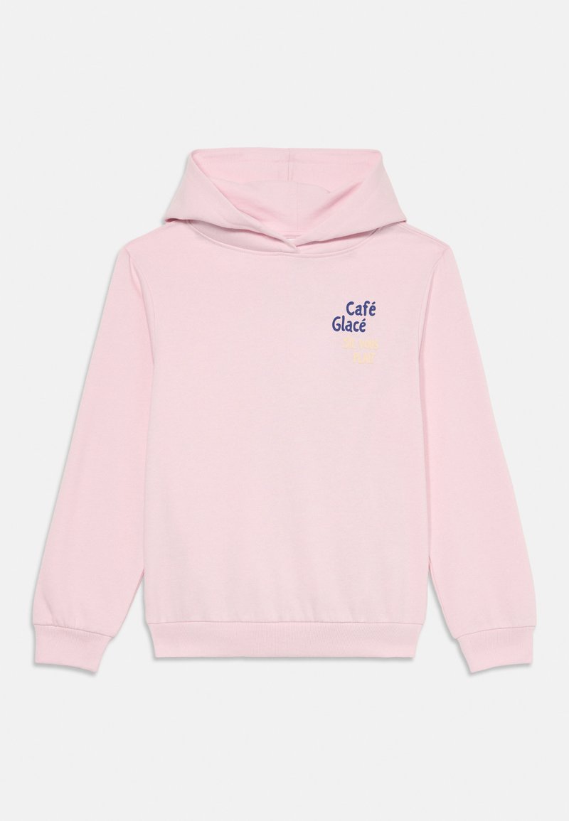 Felpa rosa chiaro con tasca a marsupio frontale. Presenta un cappuccio con cordoncino e testo stampato: "Café Glacé" in blu scuro e giallo chiaro.
