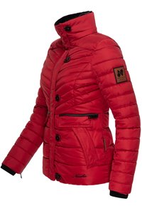 Red padded jacket featuring a high collar, black buttons, two front pockets, and a textured fabric. Includes a logo patch on the sleeve.