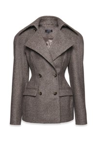 Szary wełniany żakiet dwurzędowy z dużymi klapami, wyraźnie zarysowanymi ramionami i dwiema przednimi kieszeniami. Wykończony gładką satynową podszewką.