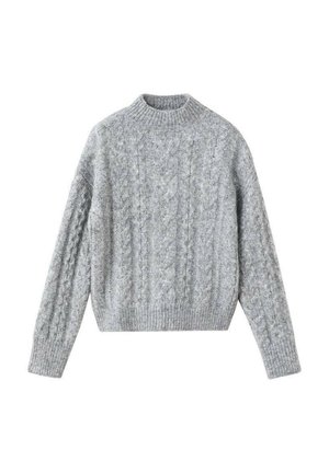 Sivi pleteni pulover z teksturiranim dizajnom kabelskih vzorcev, visokim izrezom in rebrastimi manšetami ter robom. Izdelan iz mehke preje za toplino.