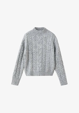 Gray knitted sweater featuring a textured cable design, high neckline, and ribbed cuffs and hem. Made from soft yarn for warmth.
