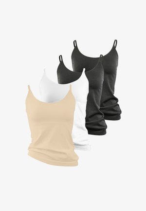 Trois débardeurs en beige, blanc et noir. Fabriqués en tissu lisse avec des bretelles fines et un design ajusté, présentant une texture drapée.