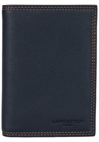 Navy leather wallet with smooth texture, contrasted by brown stitching. Features embossed branding at the bottom right. Compact, rectangular shape.