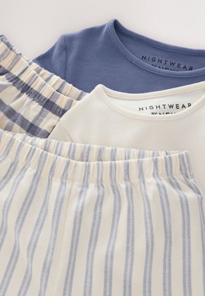 Nightwear set featuring a blue ribbed top, cream textured top, and striped bottom in blue and cream, all with elastic waistbands.