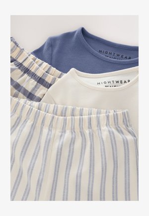 Nakts apģērba komplekts ar zilu ribu augšu, krēmkrāsas teksturētu augšu un svītrainu apakšu zilā un krēmkrāsas krāsā, visiem ar elastīgu jostasvietu.