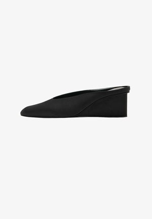 Black leather wedge mule shoe with pointed toe and low, solid heel, slip-on style.