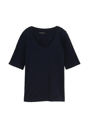 T-shirt à manches courtes bleu marine avec un design à col en V, fabriqué en tissu texturé avec une coupe régulière. Pas de motifs ou d'accents notables visibles.