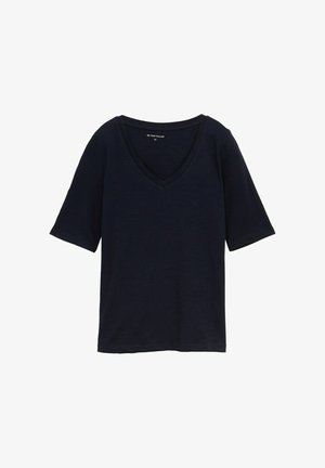 Navy blue short-sleeve t-shirt featuring a V-neck design, made of textured fabric with a regular fit. No notable patterns or accents visible.